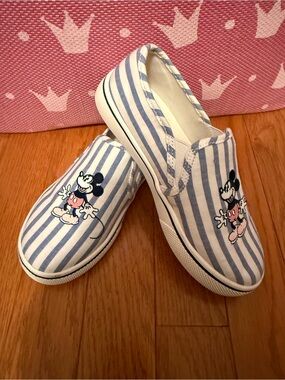 Janie and Jack Blue and White Striped Slip-On Sneakers with Mickey Print - NEW